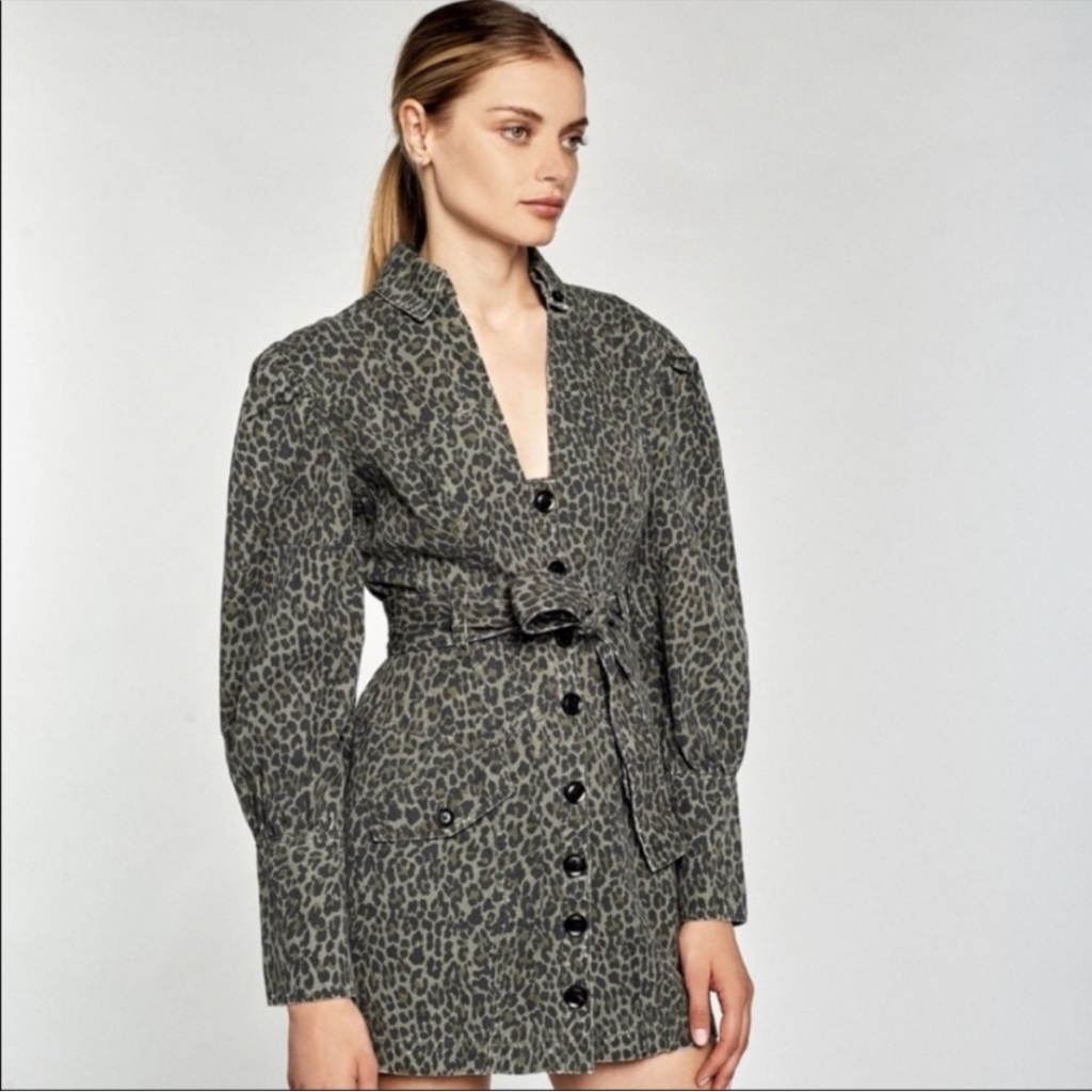 Marissa Webb Mera Print Dress In Military Army Green Olive Leopard Print